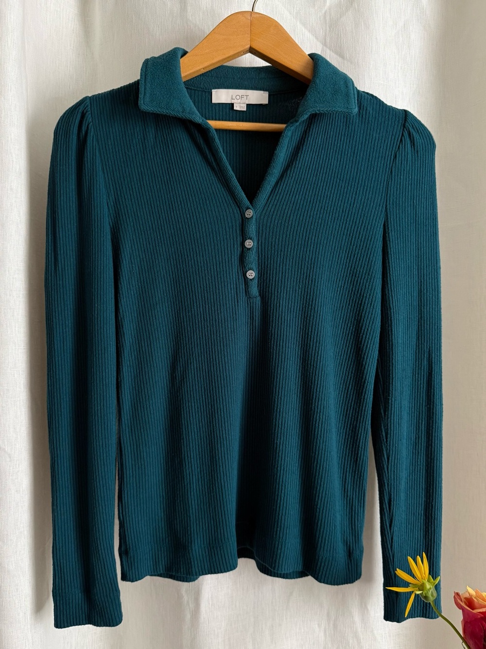 LOFT Ribbed Collared Henley Top S Dark Teal Rayon Stretch Long Sleeve